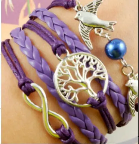 5 Colors Bangle Bracelet Tree of life Bracelet copper Bracelet  Birds Bracelet (purple)