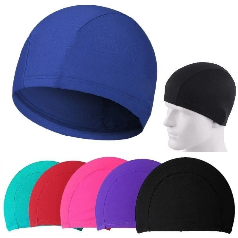 Mens Women Adult Child Swimming Bathing Hat Cap Nylon Fabric Lycra Fit Elastic (Navy)