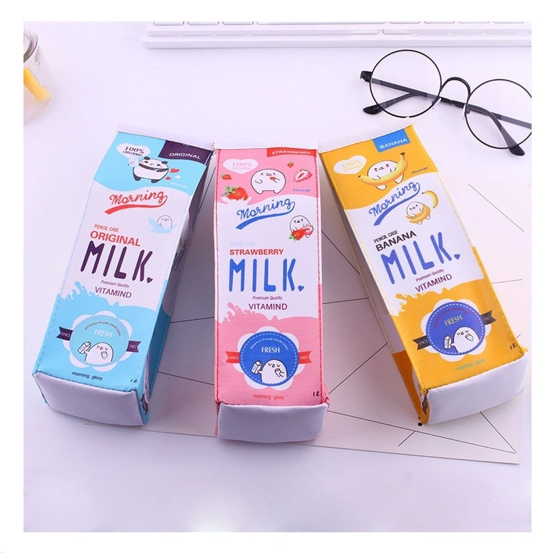 PU Simulation Milk Cartons Pencil Case Kawaii Stationery Pouch Pen Bag(Pink strawberry