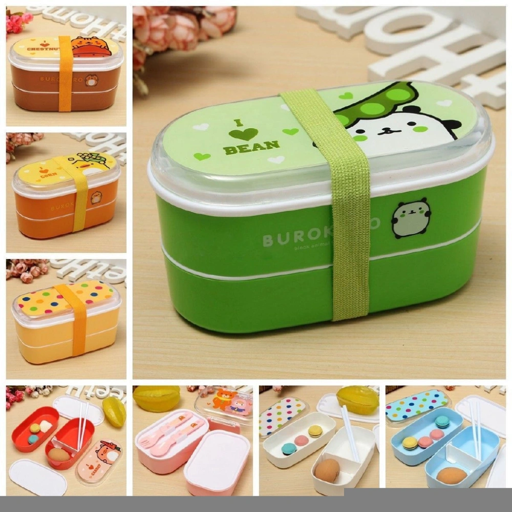 Student Cartoon Lunch Box Food Container Storage Portable Bento Box Chopsticks (white)