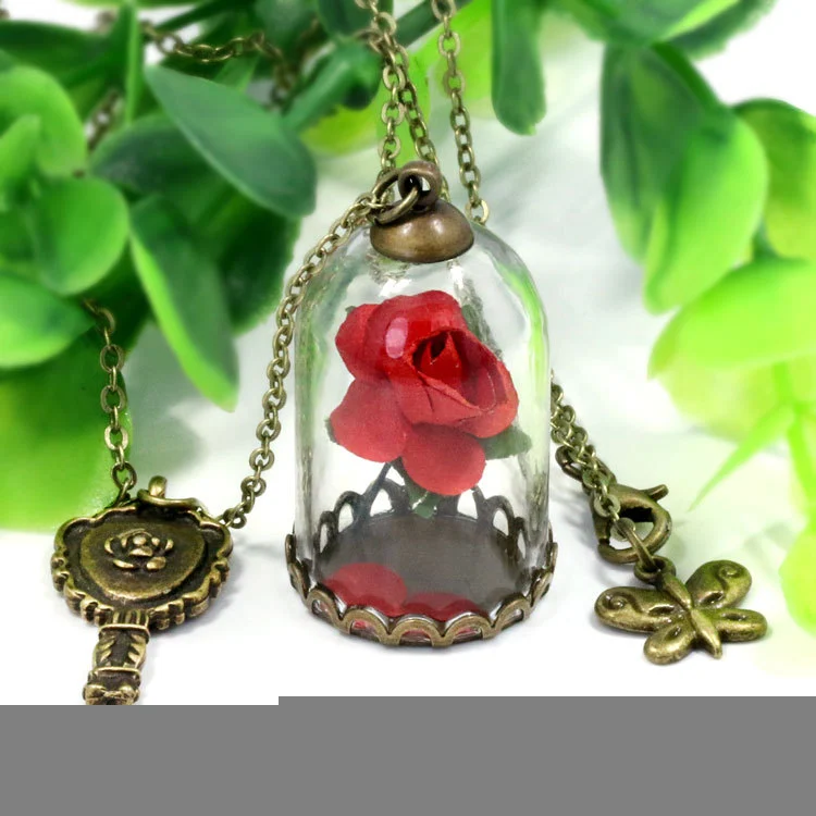 Retro Dried Flower Mini Rose Glass Bottle Chain Necklace Romantic Belle Beast(orange)