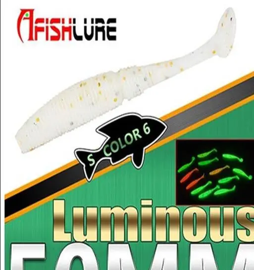 15pcs/lot Luminous Paddle Tail Soft Grubs 50mm Glow in Dark T Tail Lure (6)