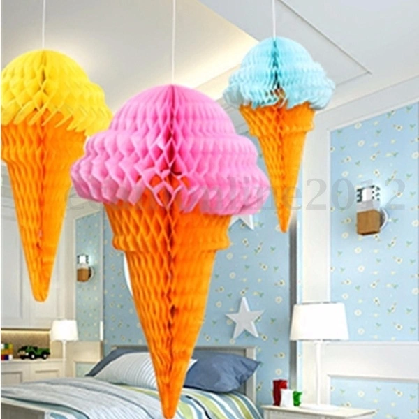 4Pcs Paper Ice cream Honeycomb Cone For Wedding Birthday Party Hanging Decor (20 cm)