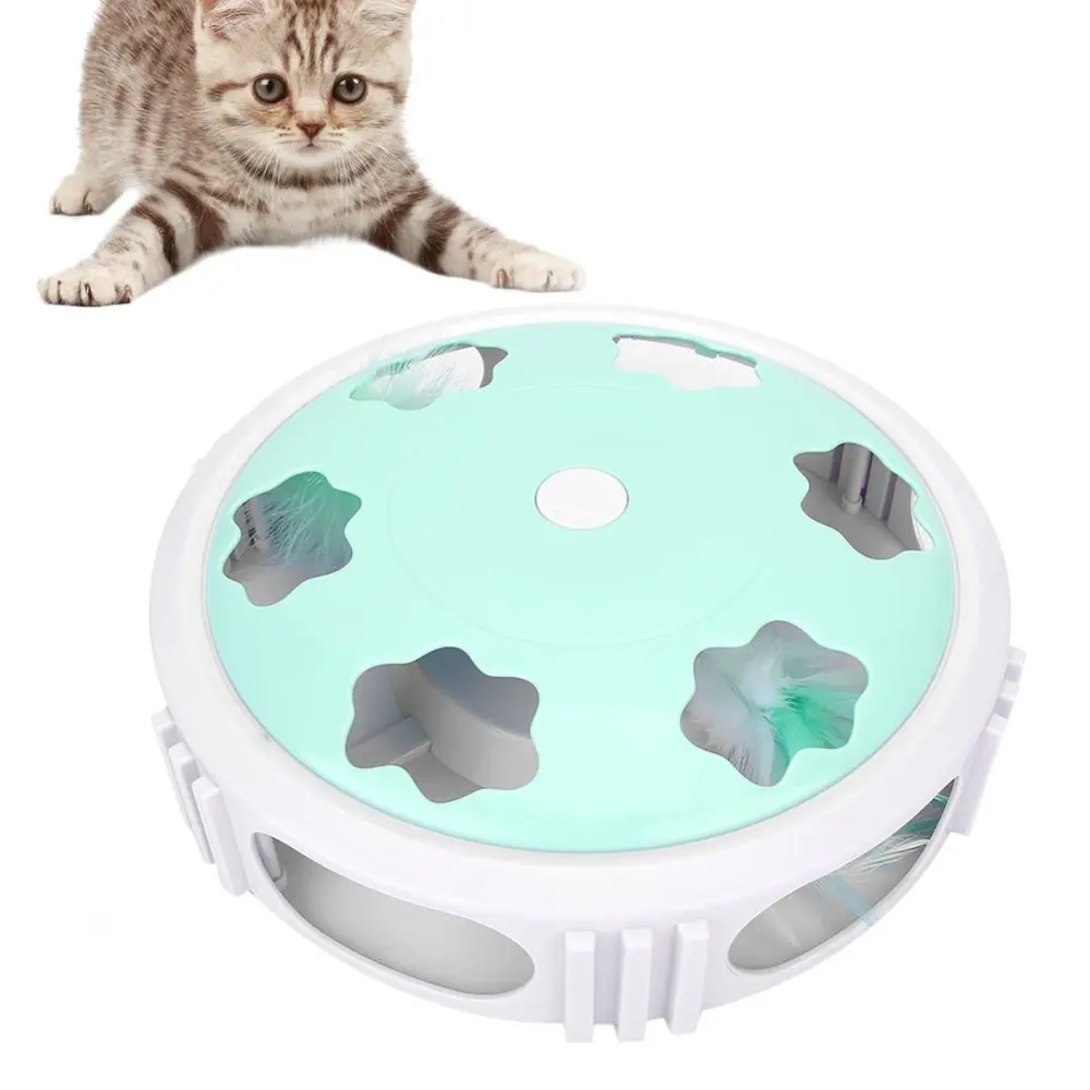 Pet Electric Rotating Round Interactive Training Cat Teaser Toy with Feather Mint Green