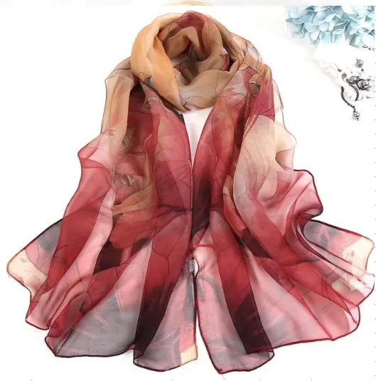 Women Fashion Chiffon Georgette Silk Scarf Lotus Flower Summer Beach Sarong Scarf (Red)