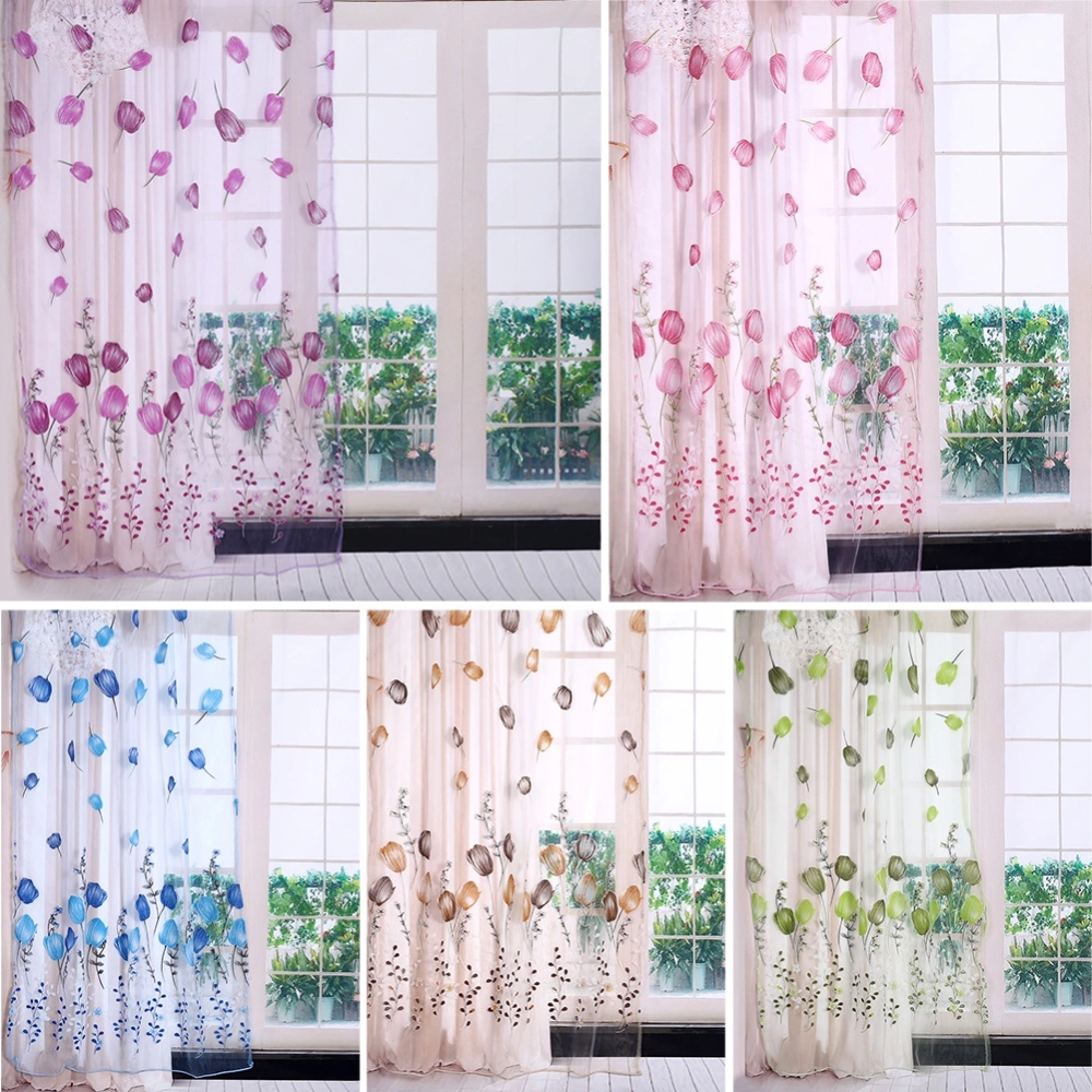 100*200cm  Tulips Printing Tulle Curtains Sheer Drape Balcony Window Decoration (Pink)