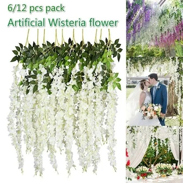 6 Pcs  Artificial Fake Wisteria Vine Ratta Hanging Garland Silk Flowers String (Purple 6pcs)