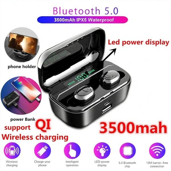 Waterproof Bluetooth Earphone 8D Stereo Wireless Headphones Headset (Black 2 ear)