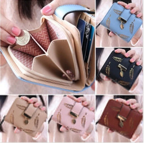 Luxury Women Cute Wallet Purse Leaves Female Small Short Wallet Coin Card Holder Clutch (Brown)