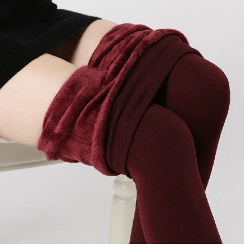 Women Winter Thick Warm Pants Fleece Lined Thermal Stretchy Slim Skinny Leggings (Wine Red)