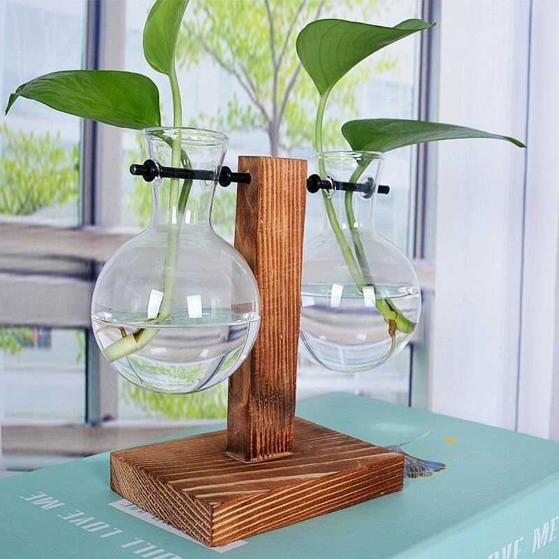 Wooden frame water pomp green rose glass vase Hydroponics plant test tube (Pink Single Bottle)