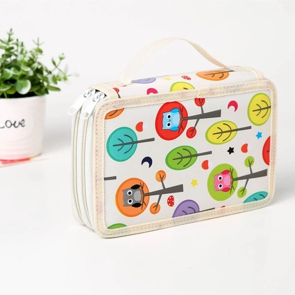 Canvas Pencil Case Cute Owl Colorful Large Capacity Pencil Bag (White 72 Holes)