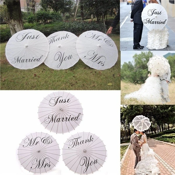 White Paper Parasol Umbrella Wedding Bridal Party Photo Props Decoration (Just Married)