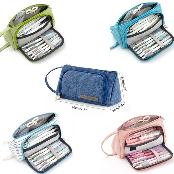 Large Capacity Pencil Bag Portable School Pen Bag Pencils Pouch School Pen Box (White/Blue)