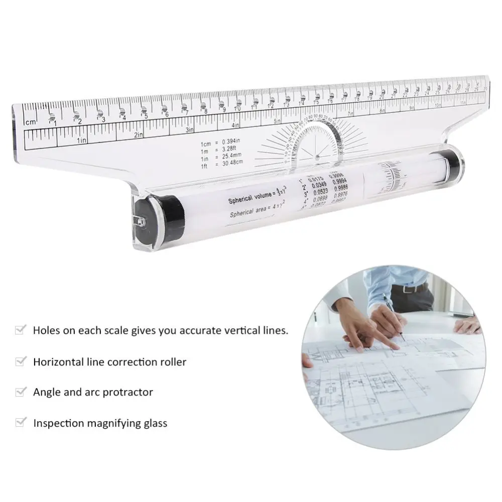 30cm 11.8in Parallel Rolling Ruler Multi Purpose Clear Drawing Glider Professional Compass Protractor