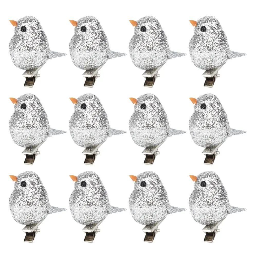 12Pcs Glitter Cute Silver Artificial Bird Simulation Decor Garden Home Decoration Prop