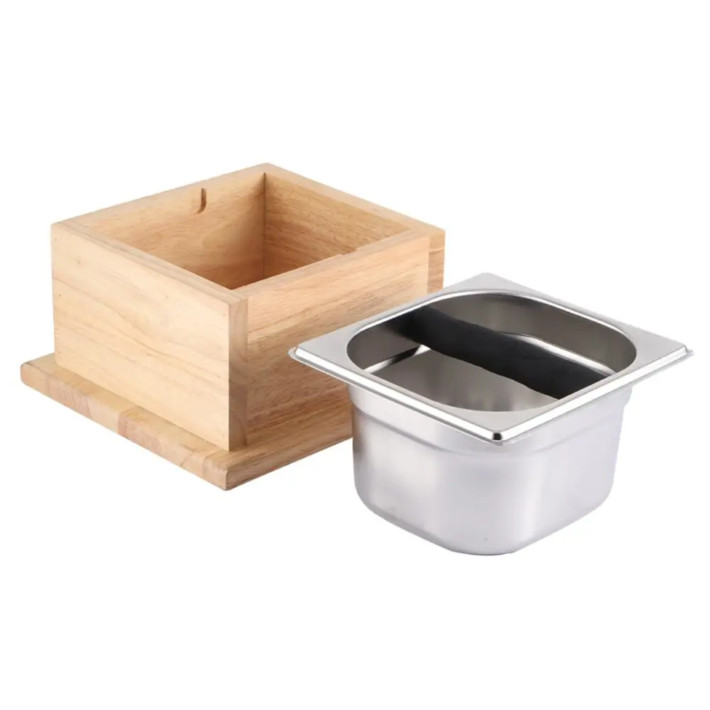 Stainless Steel Coffee Ground Knock Container Bucket Box with Wooden Base for Coffee Shop Use