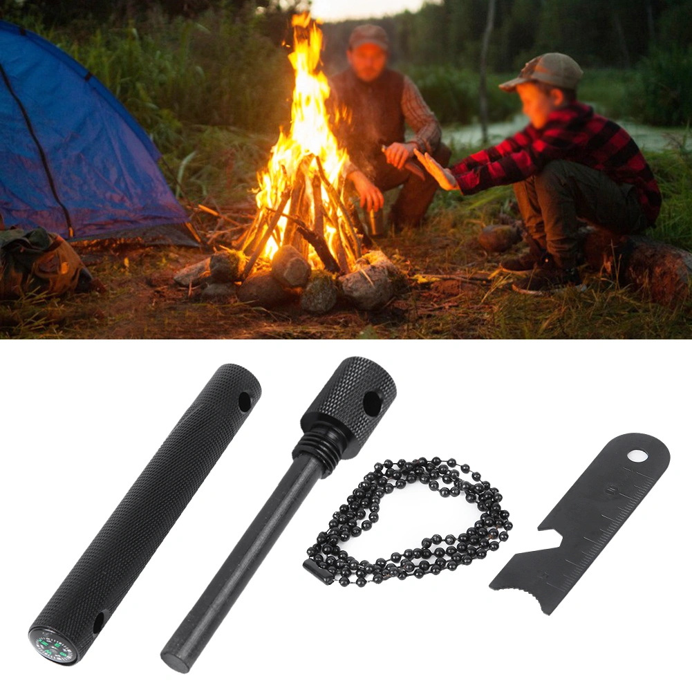 Strong Magnesium Rod Outdoor Camping Compass Fire Start Stick Anti-Corrosion Flintstone(Black )