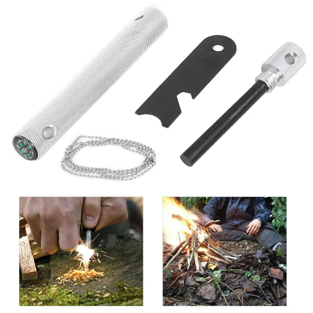 Strong Magnesium Rod Outdoor Camping Compass Fire Start Stick Anti-Corrosion Flintstone(Silver )