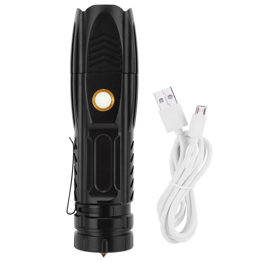 P90 Strong Light Outdoor Waterproof LED Flashlight USB Charging Telescopic Zoom Torch with Pen Clip Safety Cone(Black )