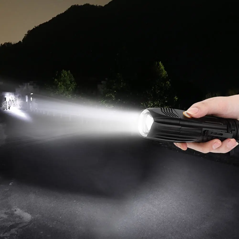 P90 Strong Light Outdoor Waterproof LED Flashlight USB Charging Telescopic Zoom Torch with Pen Clip Safety Cone(Black )