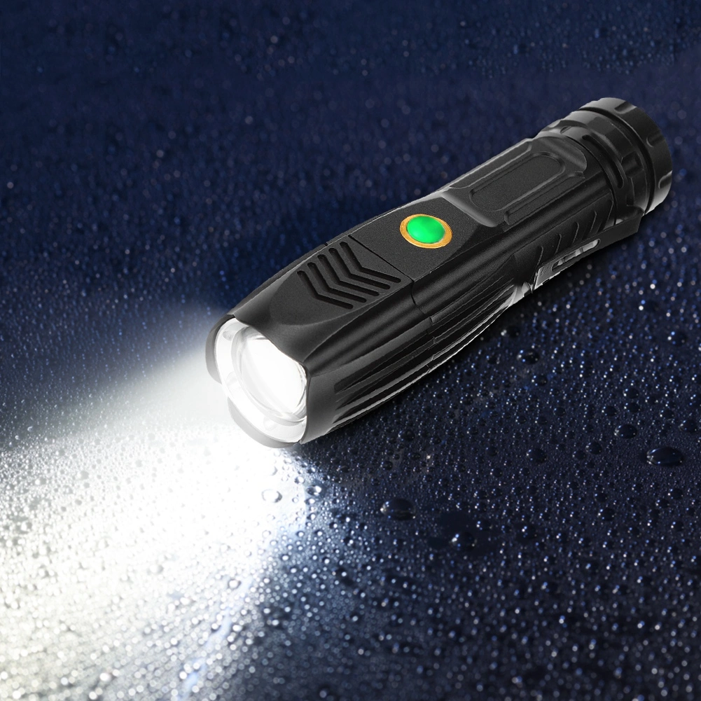 P90 Strong Light Outdoor Waterproof LED Flashlight USB Charging Telescopic Zoom Torch with Pen Clip Safety Cone(Black )