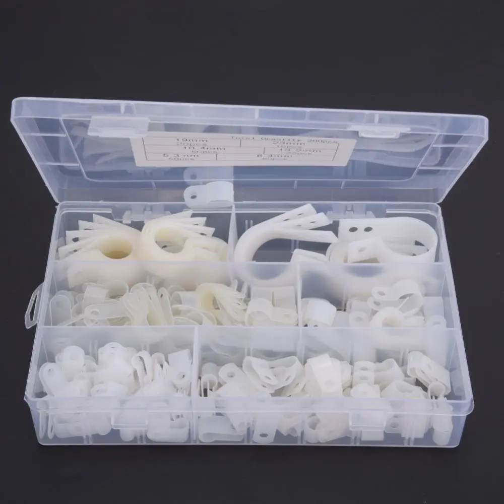 200pcs Plastic Nylon Cable Clamp R-Type P-Type Wire Clip Fasteners Assorted Box(White )