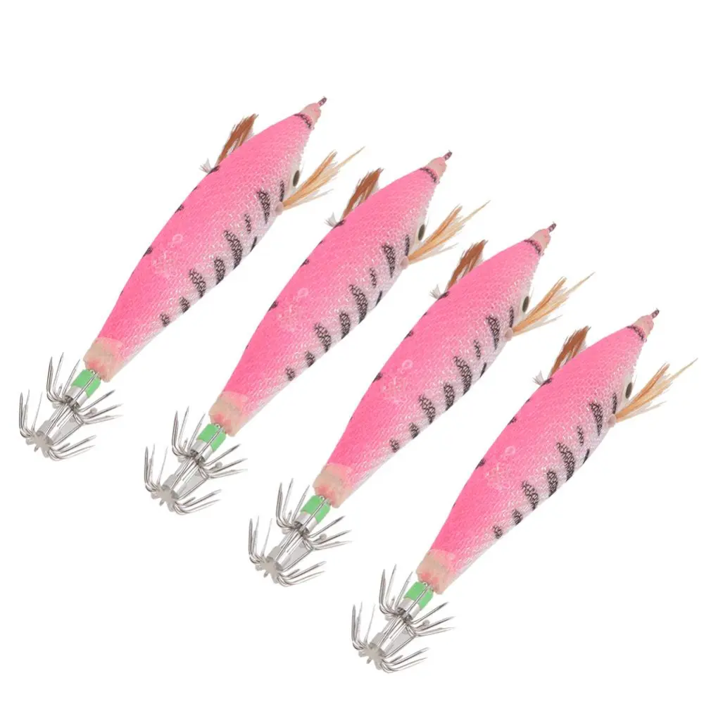 4Pcs Artificial Simulation Fish Lure Bait Fishing Tackle Dual Squid Hook with Luminous Stick Slot(pink )