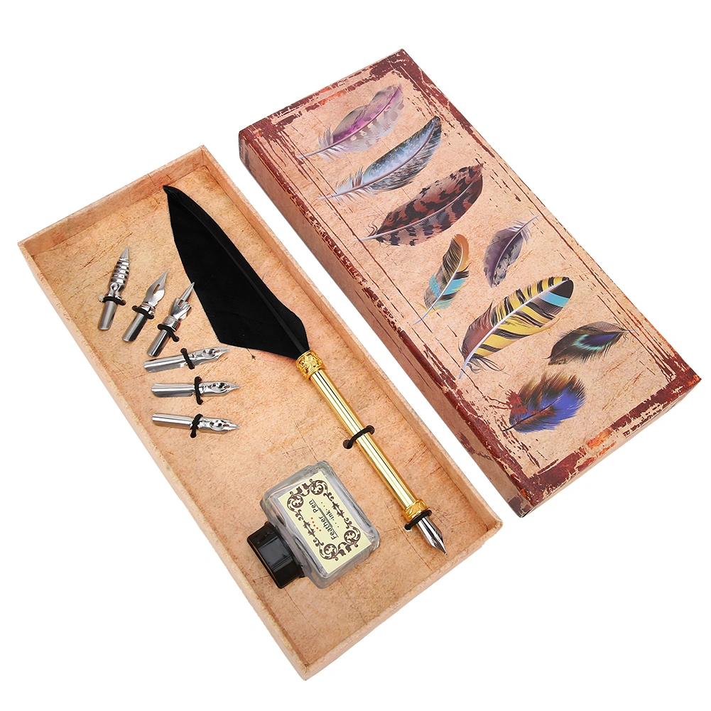 Vintage Simple Style Calligraphic Feather Pen Kit Student Pen Gift Box for Christmas Birthday(Black )
