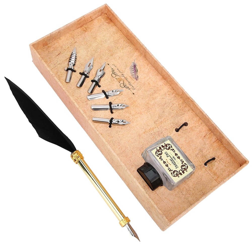 Vintage Simple Style Calligraphic Feather Pen Kit Student Pen Gift Box for Christmas Birthday(Black )