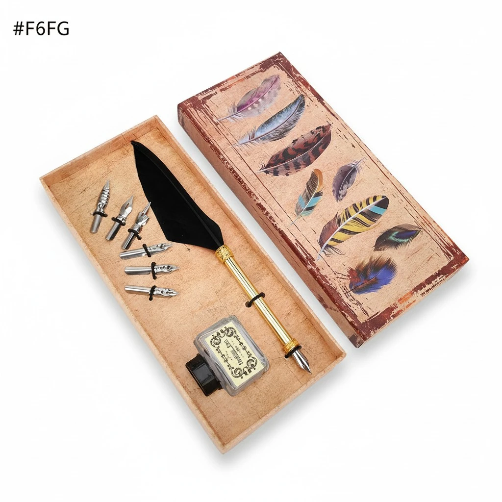 Vintage Simple Style Calligraphic Feather Pen Kit Student Pen Gift Box for Christmas Birthday(Black )