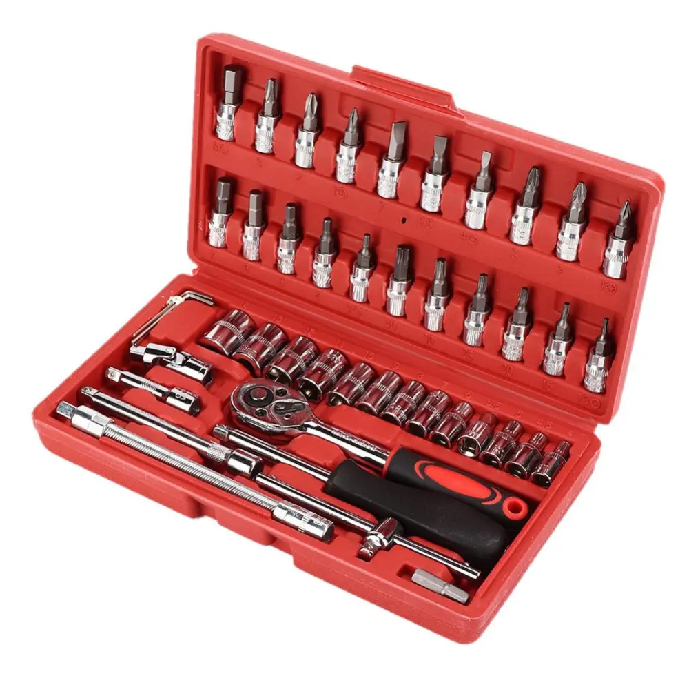 46Pcs/Set Socket Wrench Kit 1/4in Drive Ratchet Metric Garage Car Repair Tool