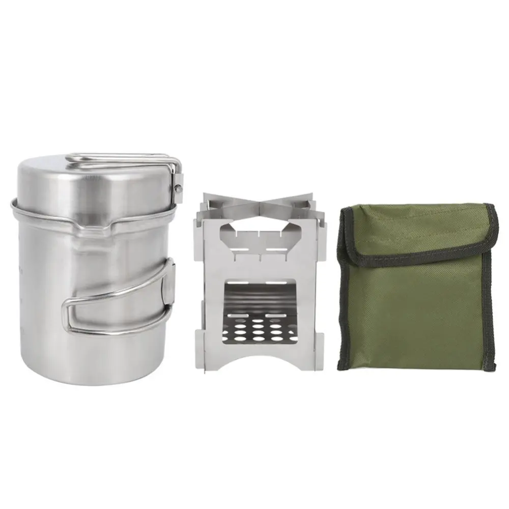 Camping Portable Stainless Steel Pot Wood Stove Set Cooker Stove Combination for Outdoor Travel Hiking Picnic