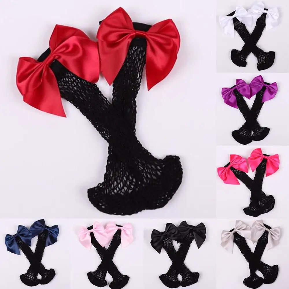 Women Ruffle Bow Fishnet Ankle High Socks Mesh Lace Fish Net Short Socks (Black+Pink)