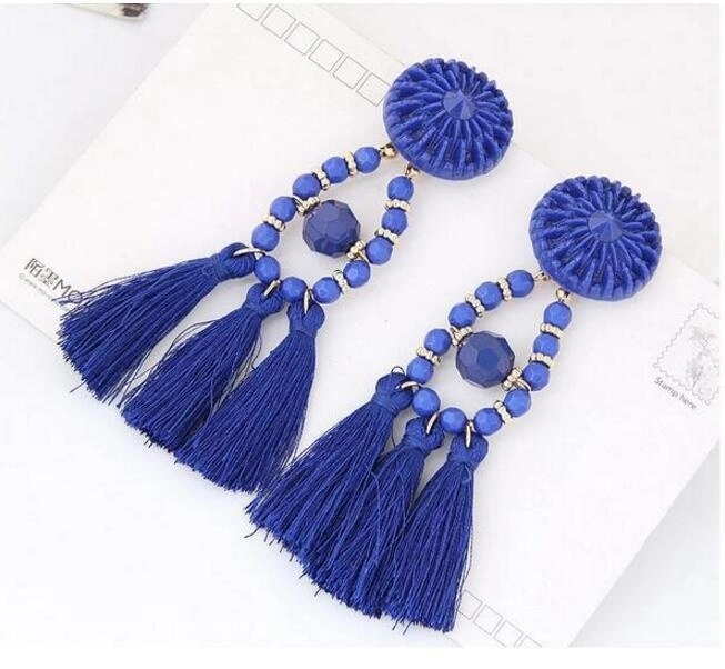 Ethnic Tassel Earrings with Crystal Women Earrings Bohemian Beaded Dangle Drop Earring (Blue)