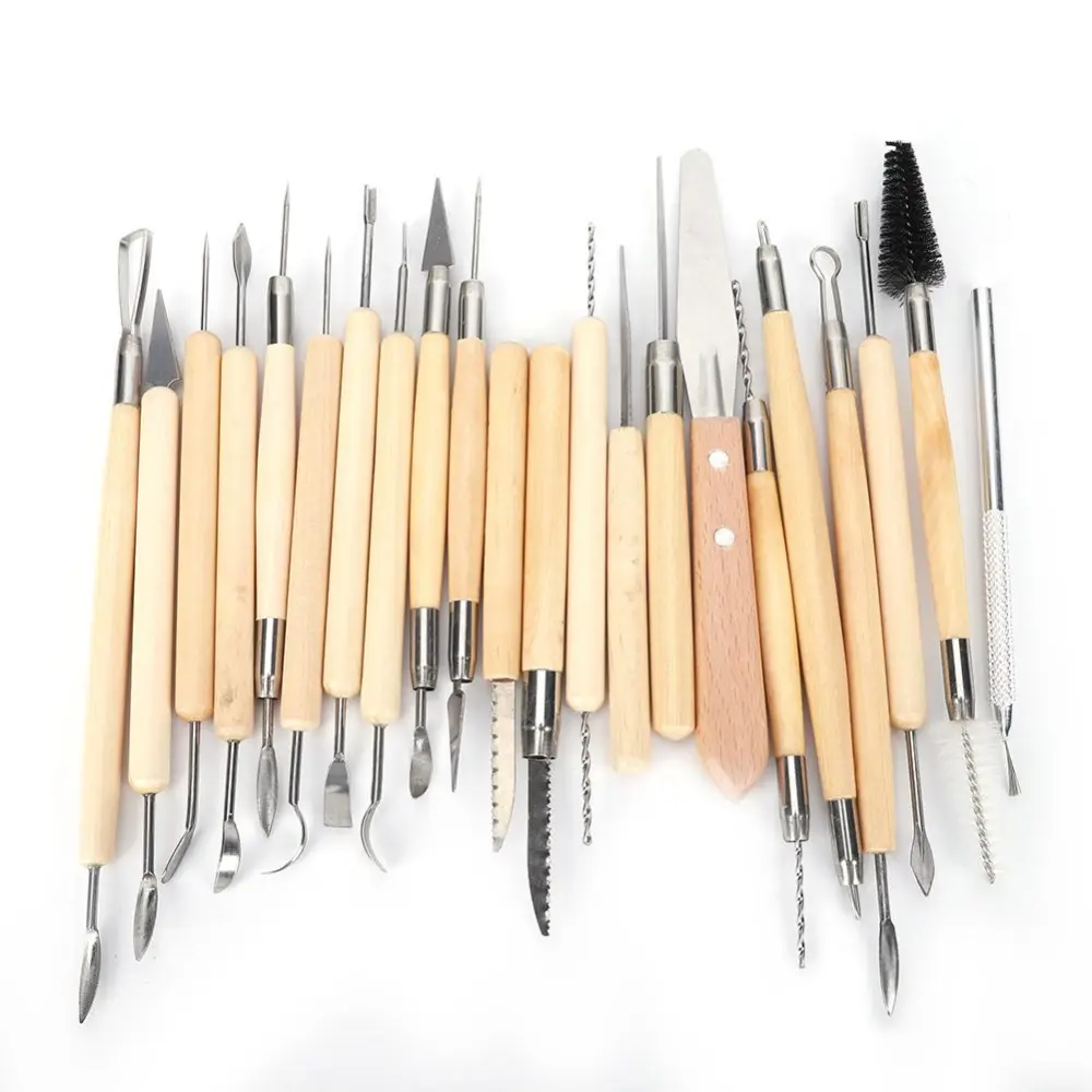 22Pcs/Set Stainless Steel Tip with Wood Handle Clay Sculpting Tool Kit Carving Modeling Tool