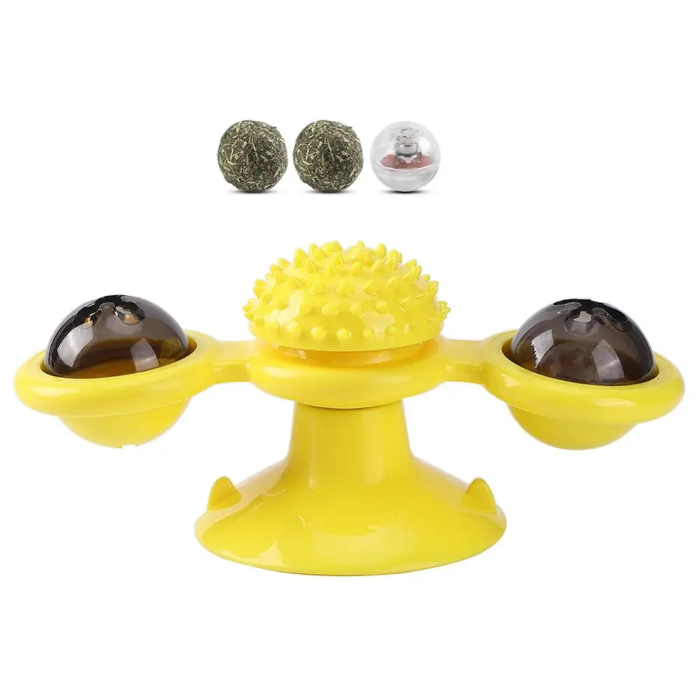 Pet Cat Teaser Toy Rotating Turntable Windmill Ball Tickle for Cat Hair Brush Interactive Training Toys(Yellow )