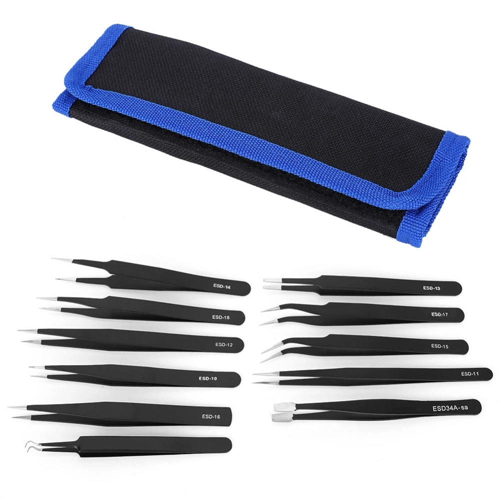 11Pcs Accuracy Tweezers Canvas Bag Set Stainless Steel Straight Ebow Anti-Static Tool ESD(Tweezers Canvas Bag Set )