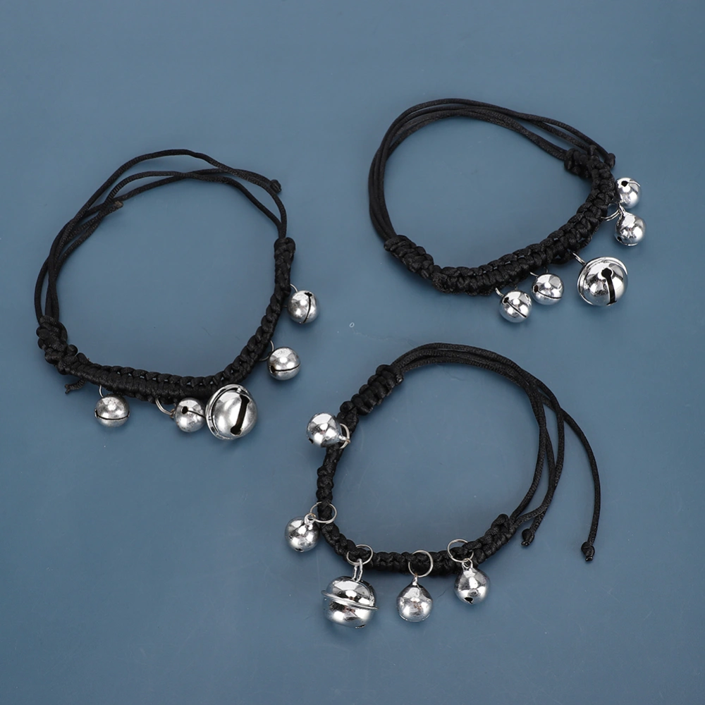 3Pcs Pet Cat Polyester Knitting Adjustable Neck Strap Collar Decor Necklace with Bells Supply(black )