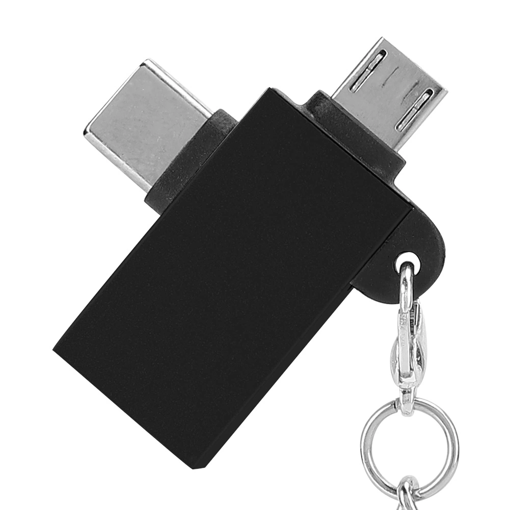 2PCS 2-in-1 USB OTG Adapter with USB 3.0 Interface USB to Type-C Adapter Converter for Android(Black with Chain )