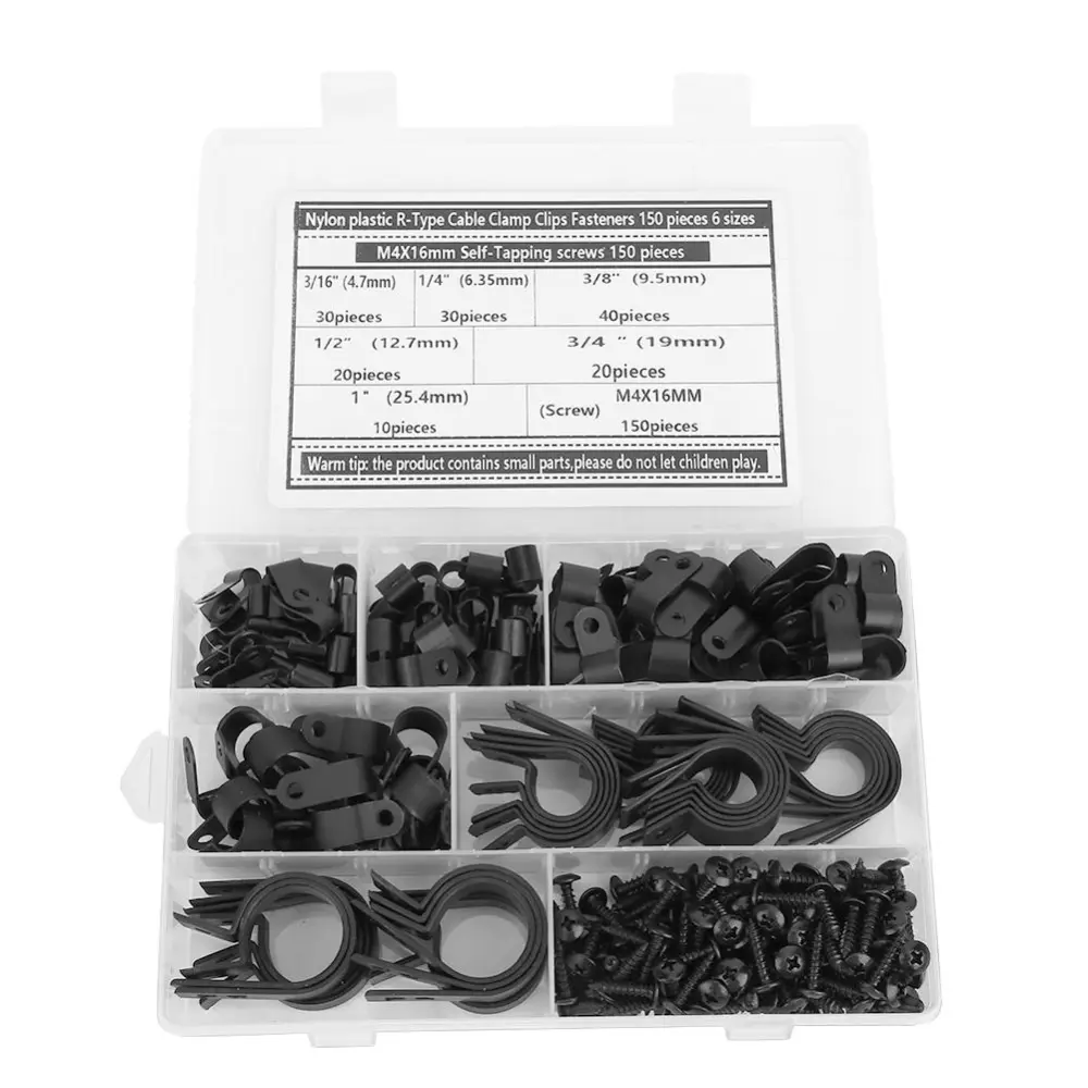 150Pcs R-Type Cable Clamp Clips Fasteners + 150Pcs M4 x 16mm Self-Tapping Screws Set