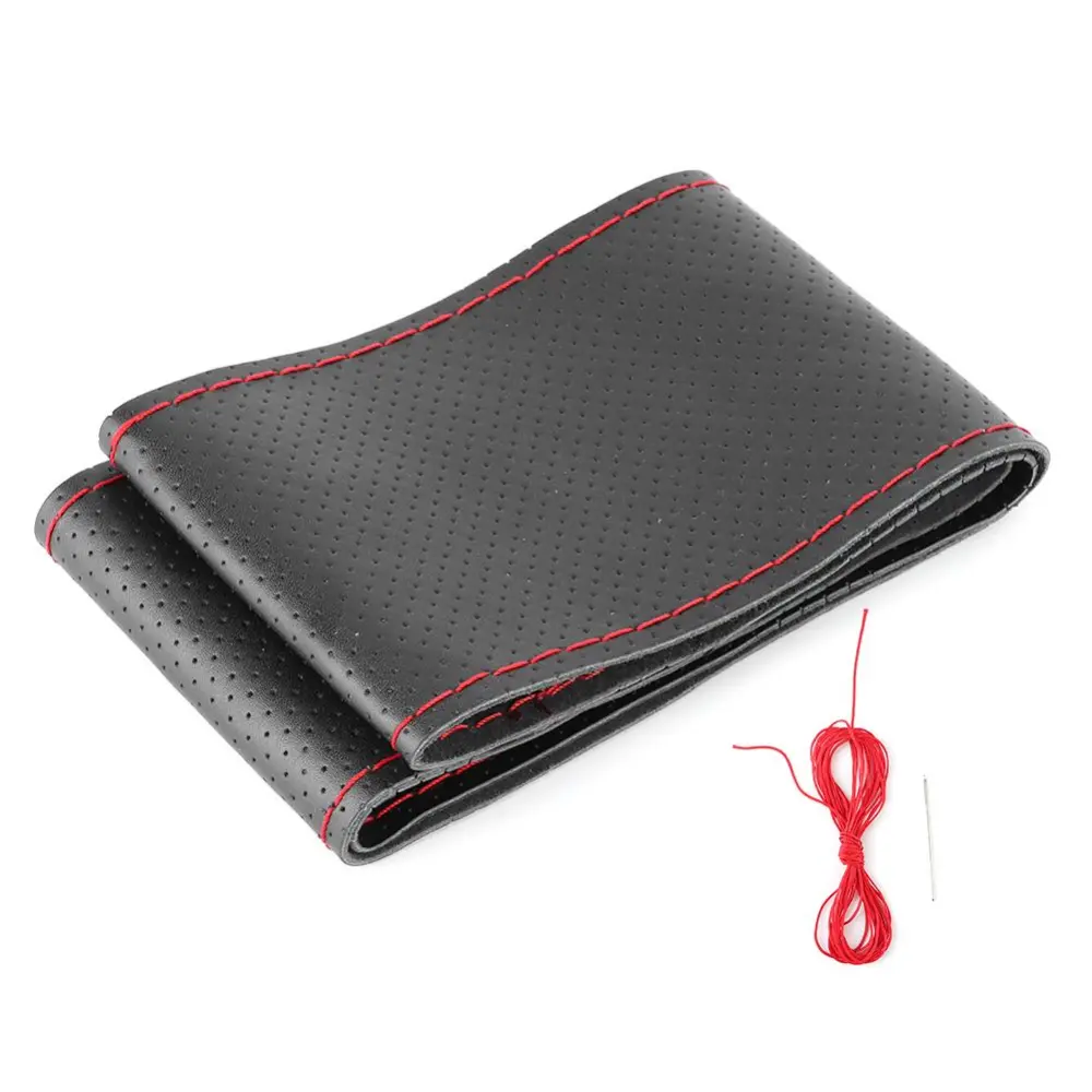 38cm/15in Car Steering Wheel Wrap Cover Full Perforated Leather Hand Stitching with Needle and Thread(Black Red )