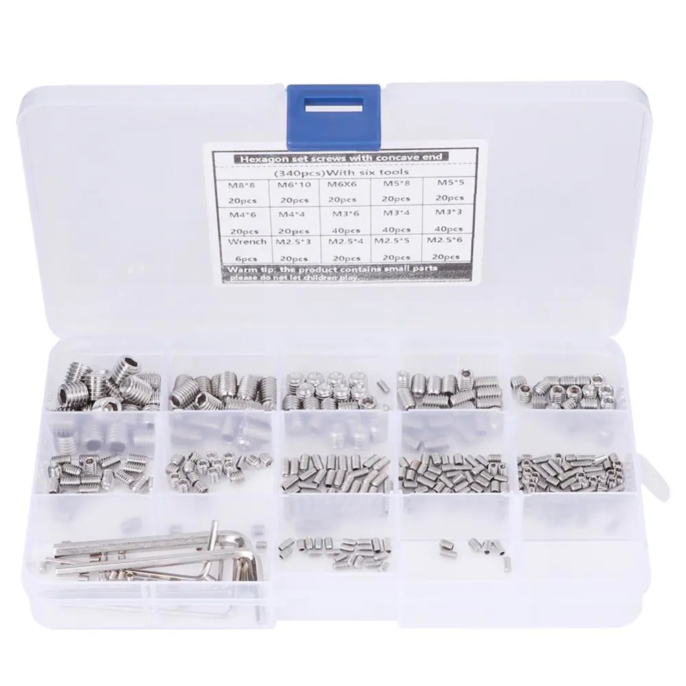 340Pcs Set Screw 304 Stainless Steel End Hex Adapter Machine + 6 Wrench Hardware Parts