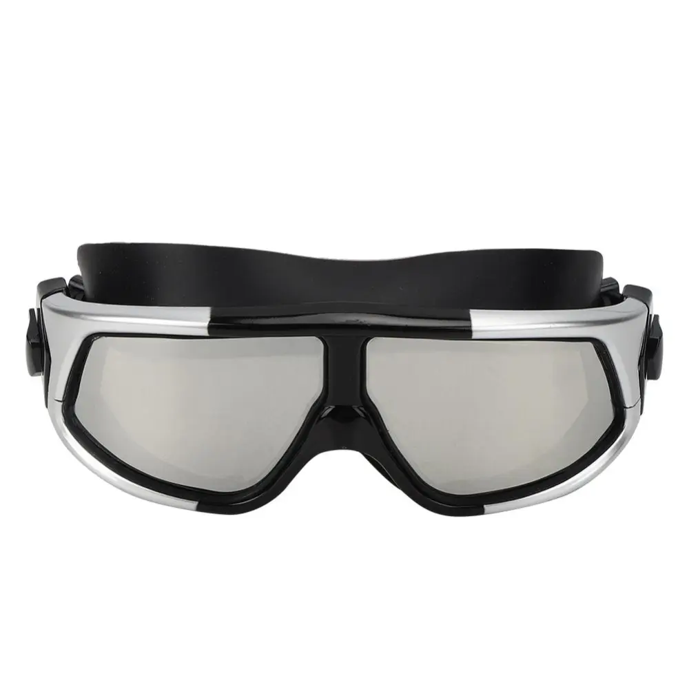 Adult Large Frame Waterproof Antifog Swimming Goggles Electroplate Plain Glass Diving Supply(silver black )