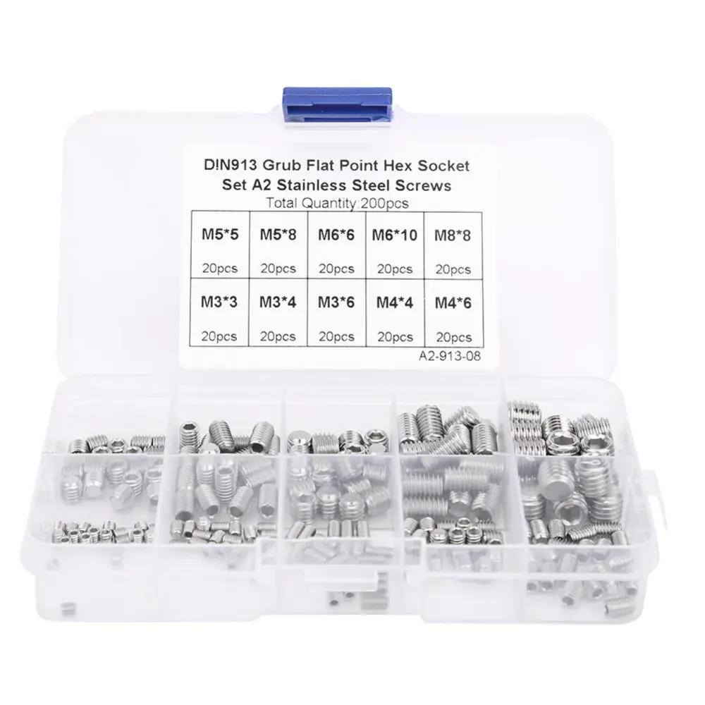 200pcs Stainless Steel Flat Point Hex Socket Grub Screw for Precise Instrument M3/M4/M5/M6/M8