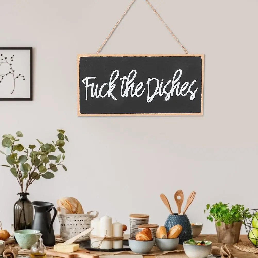 Wood Hanging Sign Board Funny Hanging Plaque Wall Art Living Room Bathroom Door Decoration(fuck the dishes )