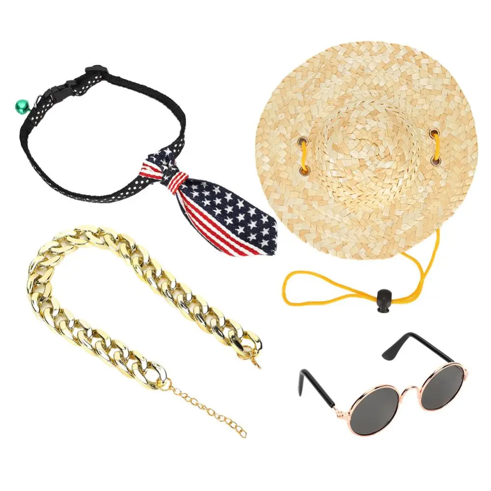 4Pcs Pet Cat Glasses Set Fashion Puppy Cat Glasses Necklace Straw Hat Necktie for Dress Up(Set of 4pcs )