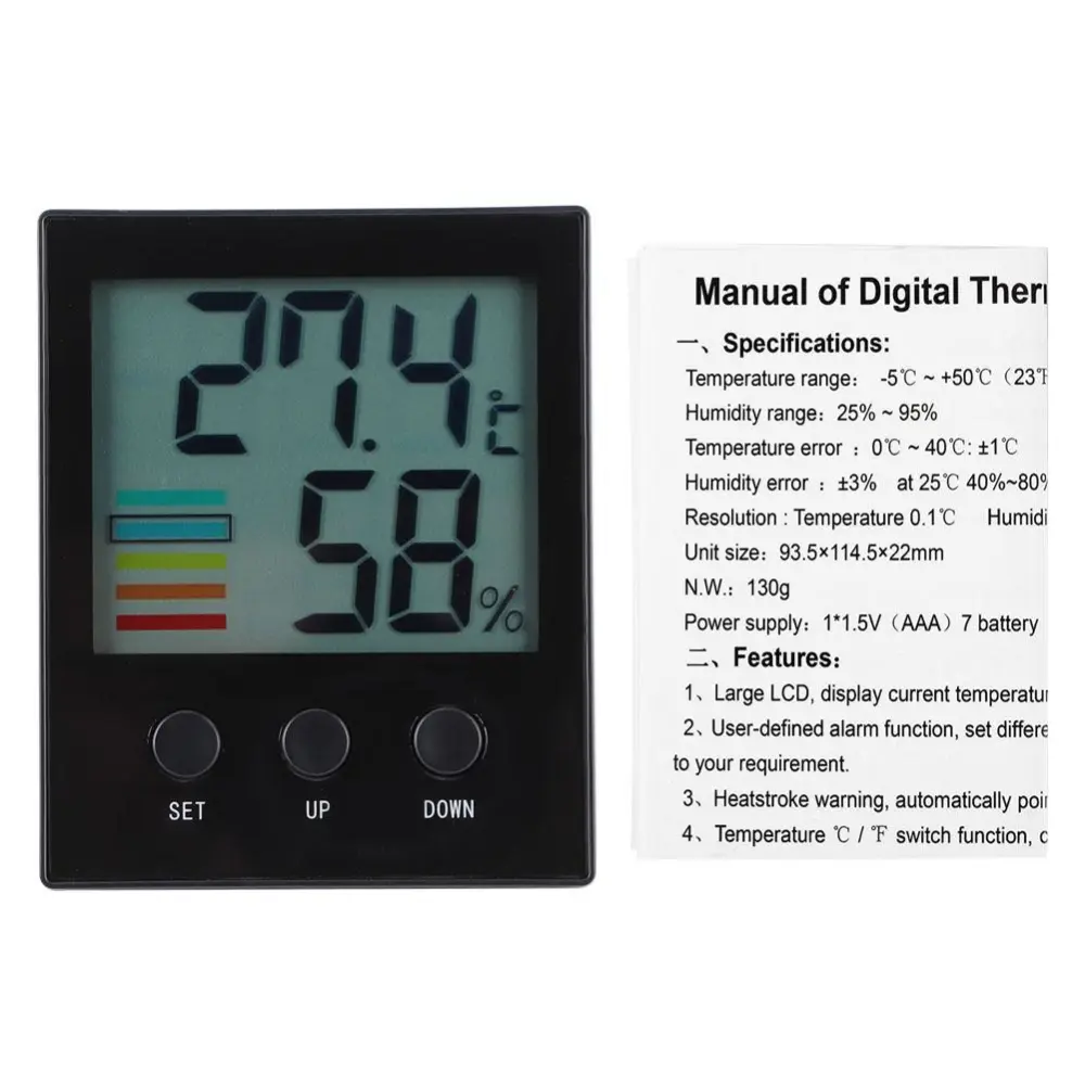 Digital Indoor Thermometer Hygrometer Temperature Humidity Gauge with High Low Temperature Alarm