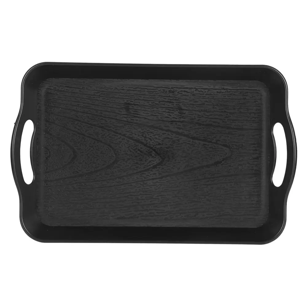 Tray Wood Grain Imitation Rectangular Acrylic Plastic Tray for Fast Food Hotel Home Restaurant(610 Handle Black )