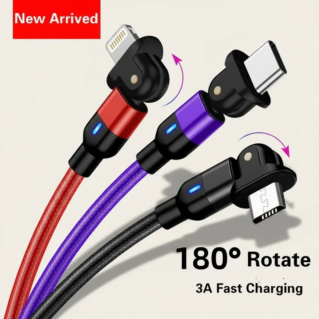 180 Degree Usb Cable Fast Charging for Iphone/Micro/Type C(Black-0.5m for iphone)